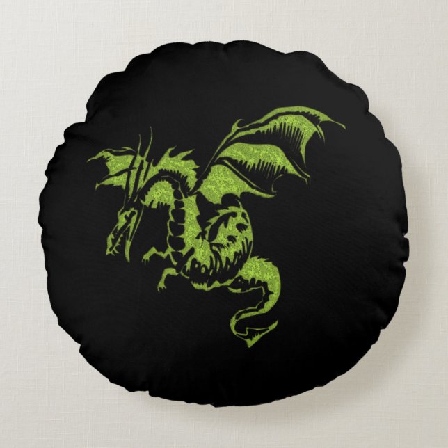 Grön Drakon Rund Kudde (Framsidan)