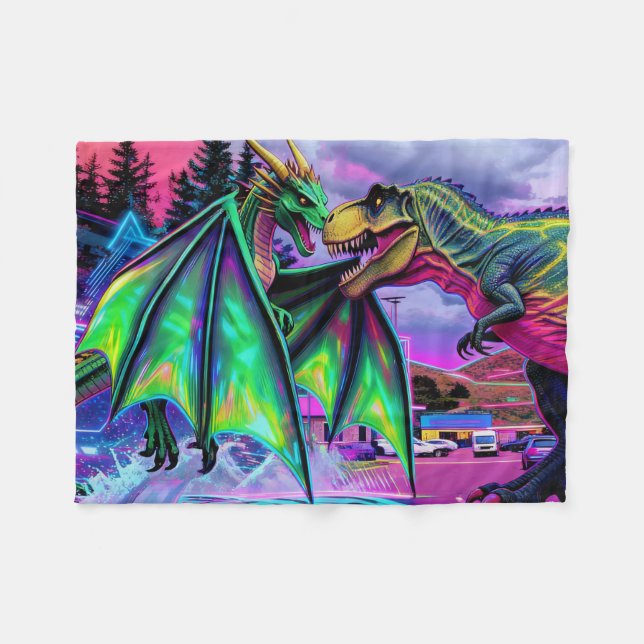 Grön Drakon vs Dinosaurie Fleecefilt (Framsidan (Horisontell))