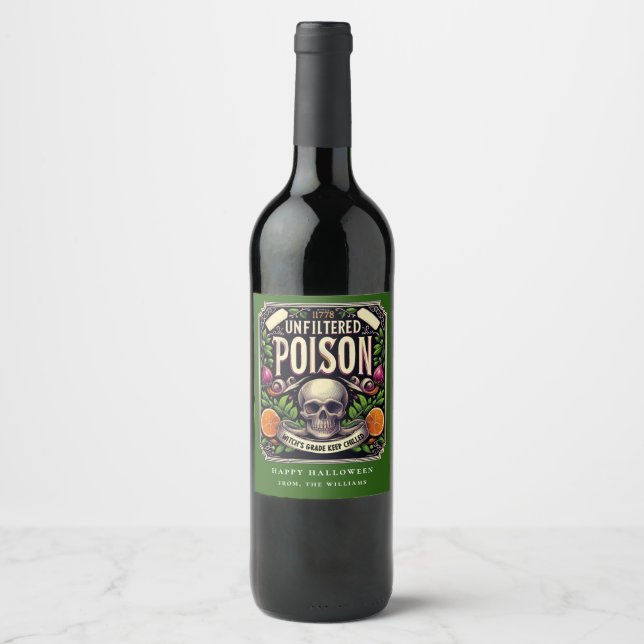 Grön Dryckesetikett för Halloween-Skelett Giftvin Vinflaska Etikett (Framsida)