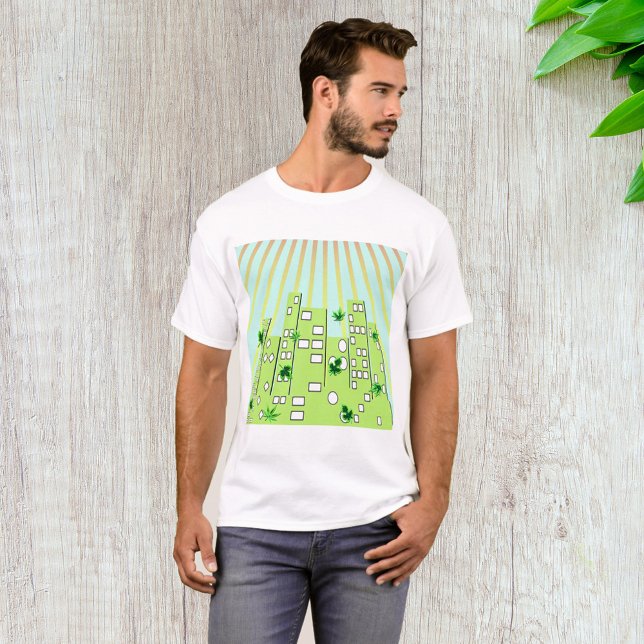 Grön Eko Stadssilhuett med Flytande Löv T Shirt (Skapare uppladdad)