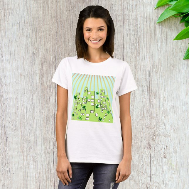 Grön Ekostadssilhuett med Flytande Löv T Shirt (Skapare uppladdad)