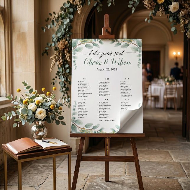 Grön Elegant Alfabetisk Bröllopsplatskarta Poster (Green Elegant Alphabet Wedding Seating Chart)