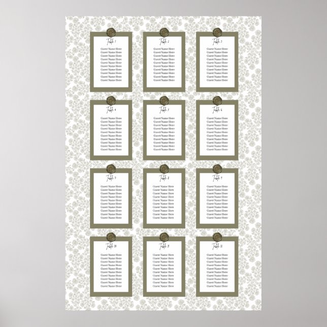 Grön Elegant Blommig Toile Stolplaceringsdiagram A Poster (Framsidan)