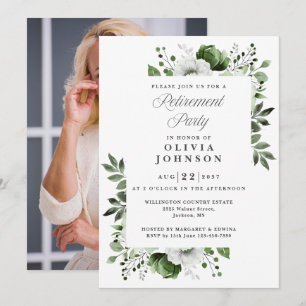 Grön elegant blomsterpensioneringsfest foto inbjudningar