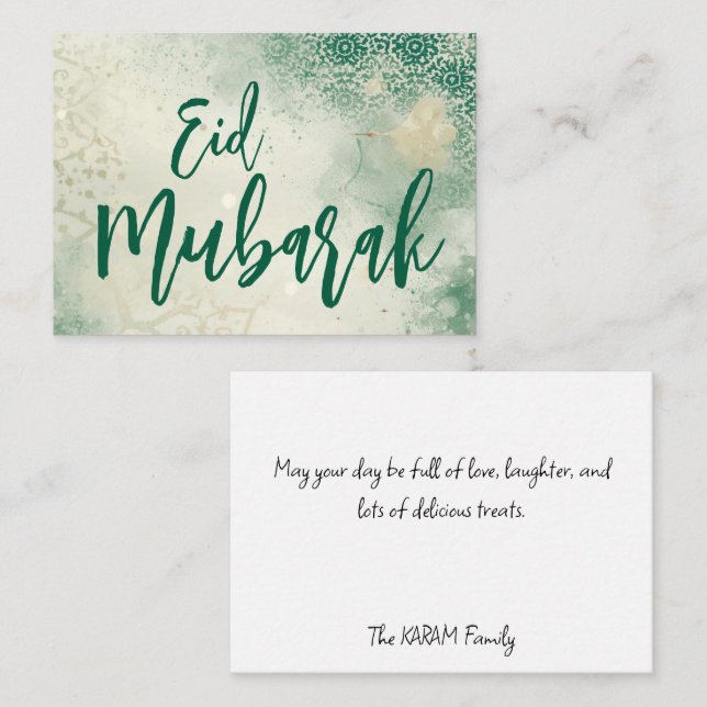 Grön elegant Eid Mubarak anteckningskort (Fram/baksida)