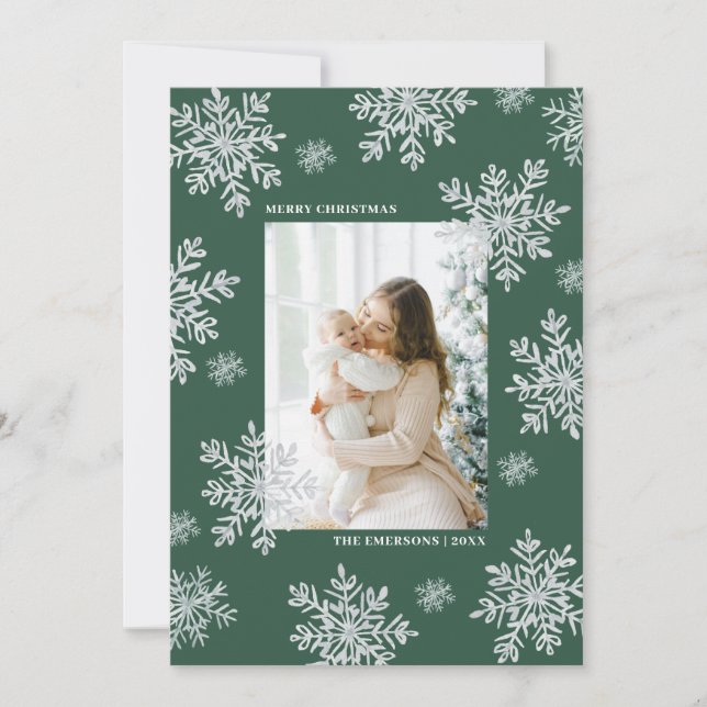 Grön Elegant Glad Jul Snöflinga Kort  (Framsida)
