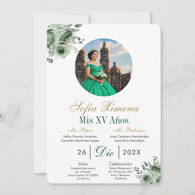 Grön elegant klänning Quinceañera Inbjudan (Framsida)
