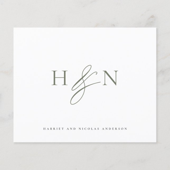 Grön Elegant Monogram Bröllop Tackkort (Framsida)