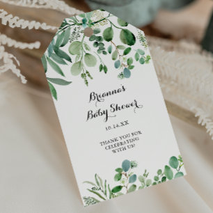 Grön eukalyptus botanisk lövverk baby shower presentetikett