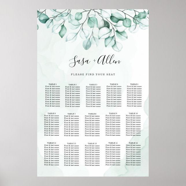 Grön Eukalyptus Bröllopsställningskarta Poster (Framsidan)
