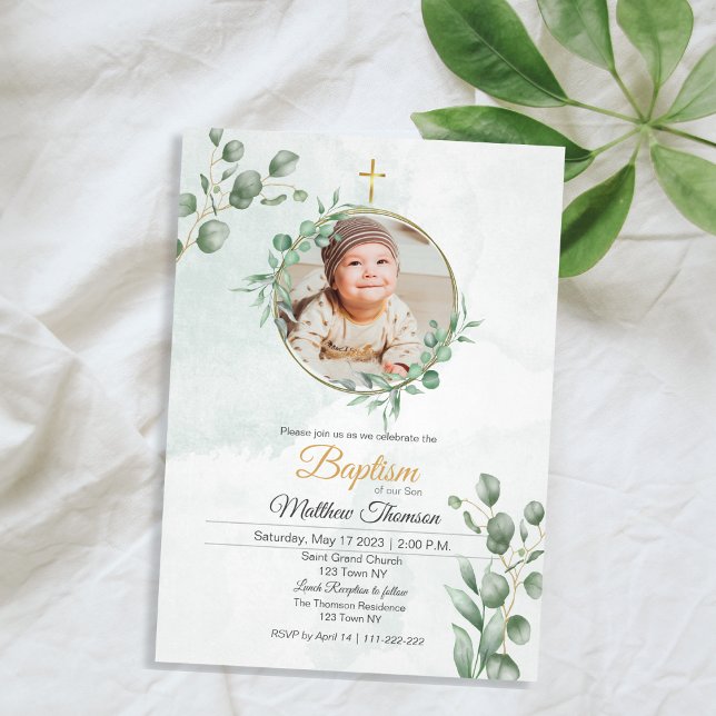 Grön Eukalyptus Dopinbjudan Inbjudningar (Green Eucalyptus Baptism Invitation)