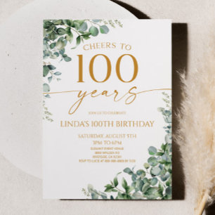 Grön Eukalyptus Guld 100-årsfirande Inbjudningar
