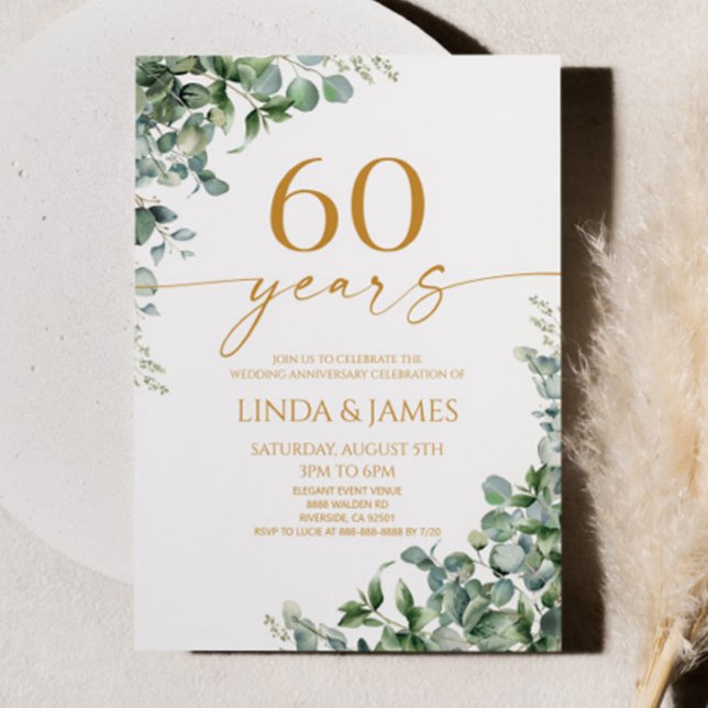 Grön Eukalyptus Guld 60-års bröllopsjubileum Inbjudningar (Skapare uppladdad)