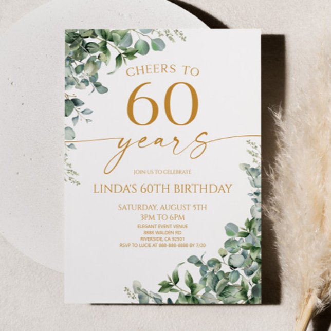 Grön Eukalyptus Guld 60-årsfest Inbjudningar (Skapare uppladdad)