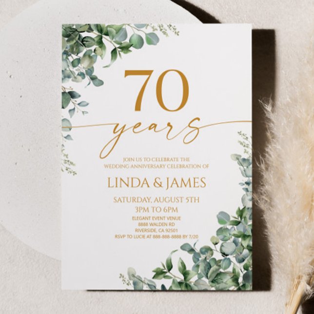 Grön Eukalyptus Guld 70-års bröllopsjubileum Inbjudningar (Skapare uppladdad)