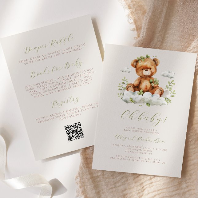 Grön Eukalyptus Teddybjörn QR-kod Bebisens Första  Inbjudningar (Skapare uppladdad)