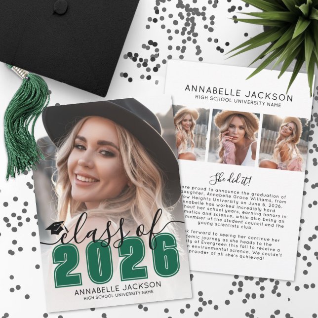 Grön Examen Foto Utexamination Meddelande (Green Graduate Photo Graduation Announcement )