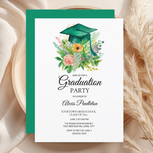 Grön examenshatt Blommig High School Inbjudningar (Green graduation cap party invitation)