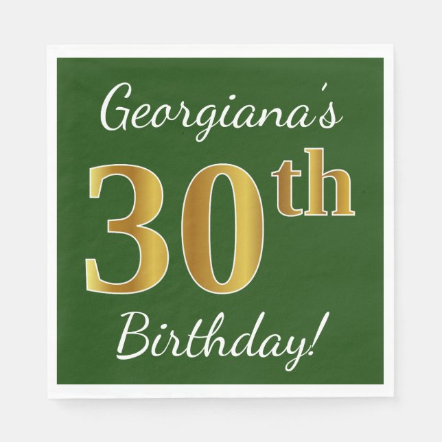 Grön, Falsk Guld 30-årsdag + Anpassat Namn Pappersservett (Framsidan)