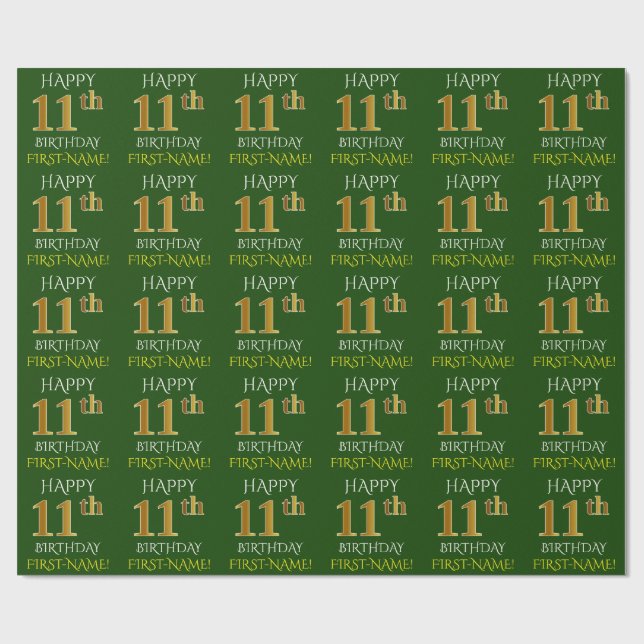 Grön, falsk guld "GRATTIS PÅ 11-ÅRSDAGEN" Presentpapper (Platt)