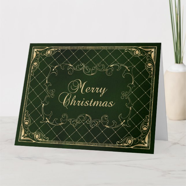 Grön Falsk Guld Ornamenterad Kant God Jul Kort (Framsida)