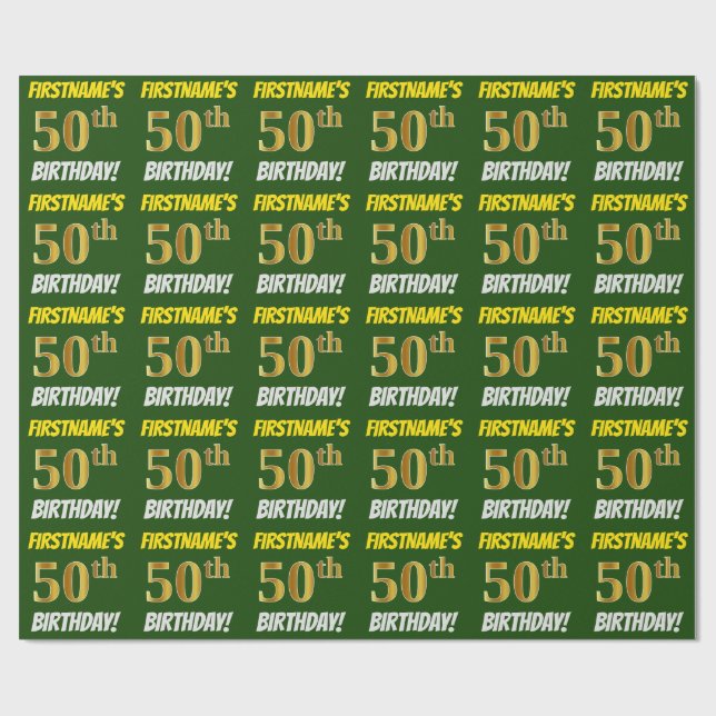Grön, Falsk/Imiterad Guld, "50-ÅRS FÖDELSEDAG" Presentpapper (Platt)