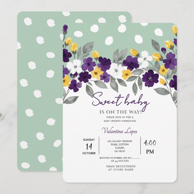 Grön | Färgrik Blomma Baby Shower Inbjudan (Fram/baksida)