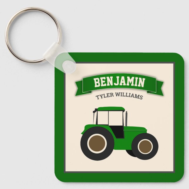 Grön Farm Traktor Barnnamn Nyckelring (Framsida)