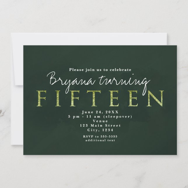 Grön femton 15-års födelsedagsfest inbjudan (Framsida)