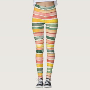 Grön Fersken Rosa Röd Gul Randig Leggings