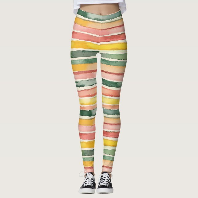 Grön Fersken Rosa Röd Gul Randig Leggings (Framsida)