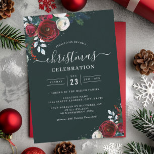 Grön festlig blomster- röd julfest  inbjudningar