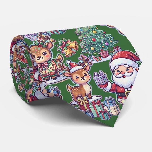 Grön Festlig Söt Mönster Jul Tomte Slips (Rullad)