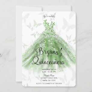 Grön fjärilsdansklänning Quinceañera-fest Inbjudningar