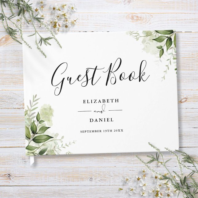 Grön flora elegant script bröllop gästböcker (Greenery Floral Elegant Script Wedding Guest Book)