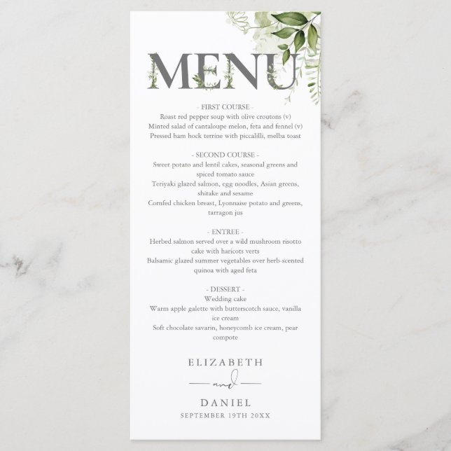 Grön flora typografi monogram bröllop meny (Framsida)