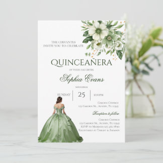 Grön floral Quinceanera Inbjudningar