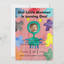Grön födelsedagsinbjudan med foto av monster med l