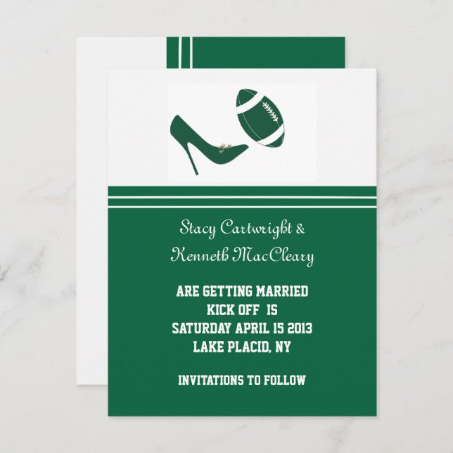 Grön Fotboll Bröllop Rädda Datum Annonsering Inbjudningar (Fram/baksida)