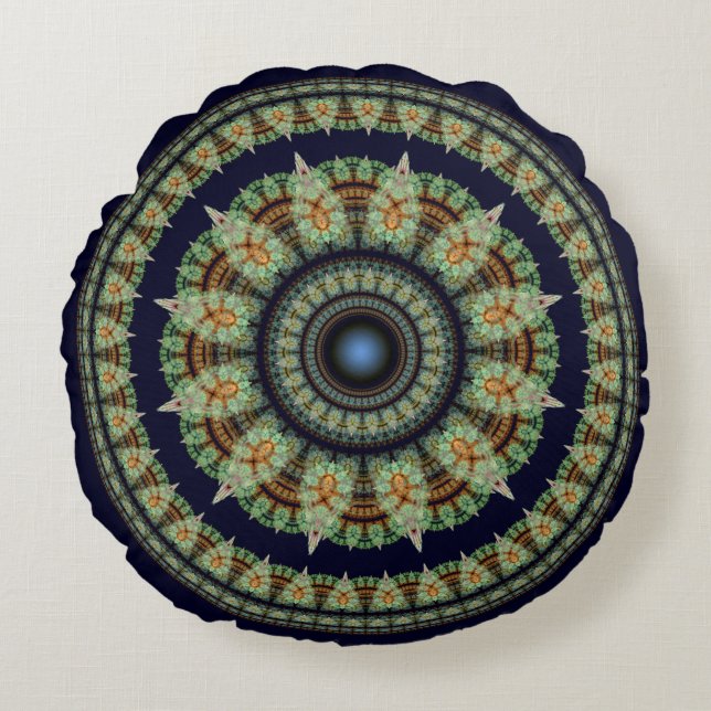 Grön fraktal fe mandala rund kudde (Framsidan)