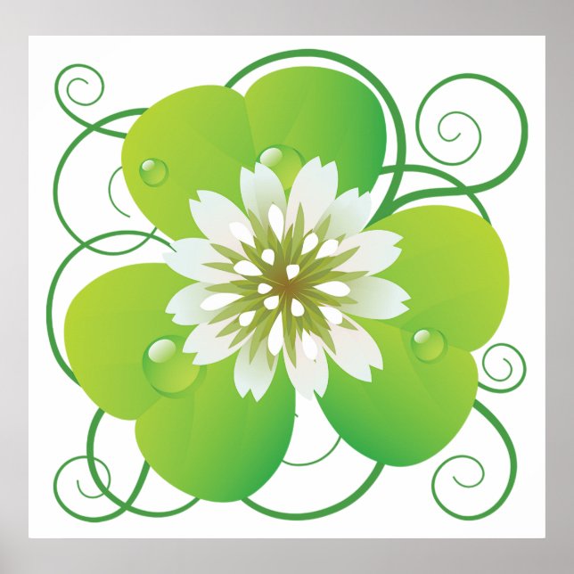 Grön Fyrklöver med Vit Blomning Poster (Framsidan)
