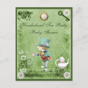 Grön galen hattare Wonderland tesalong Baby Shower Inbjudningar
