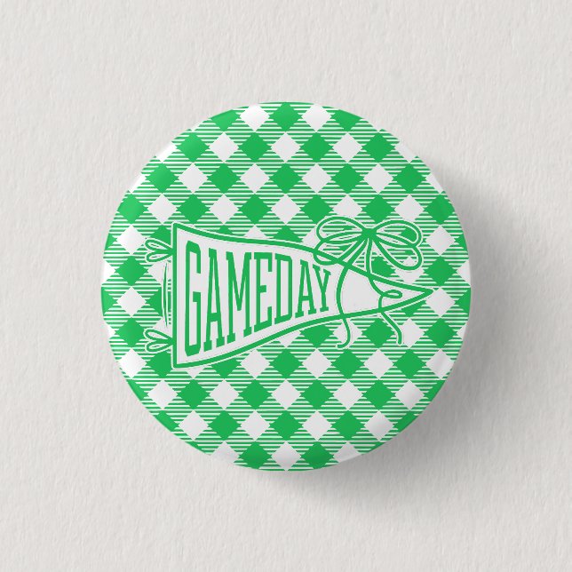 Grön Game Day Gingham Vimpel Båge Knapp (Framsida)