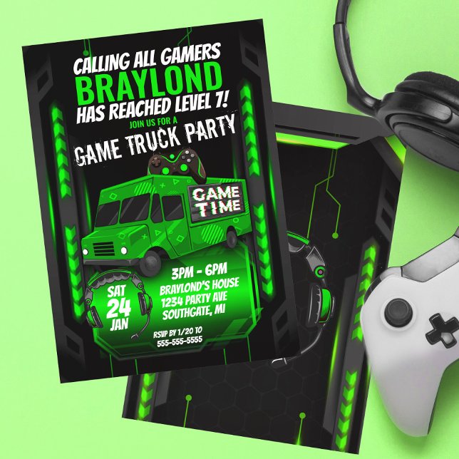 Grön Game Truck Födelsedagsinbjudan Inbjudningar (Skapare uppladdad)
