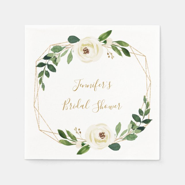 Grön geometrisk bröllopsdusch med blommor pappersservett (Framsidan)
