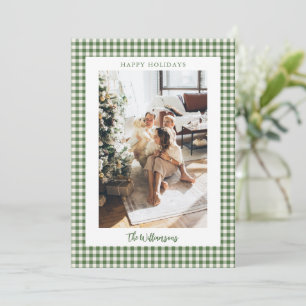 Grön Gingham 2 Foto Holiday Ram Script Elegant Julkort