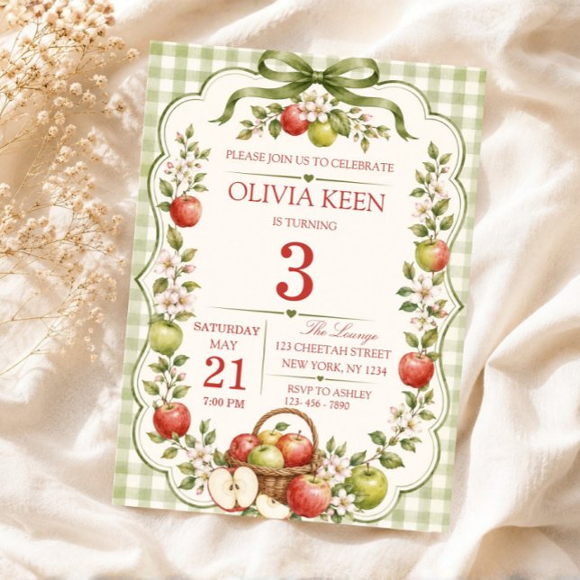 Grön Gingham Äppelodling Höst Födelsedag Inbjudningar (Apple Picking Party Invite, Apple Theme Birthday Invitation)