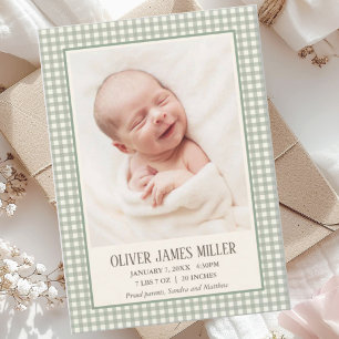Grön Gingham Baby Födelse Annonsering Foto Kort