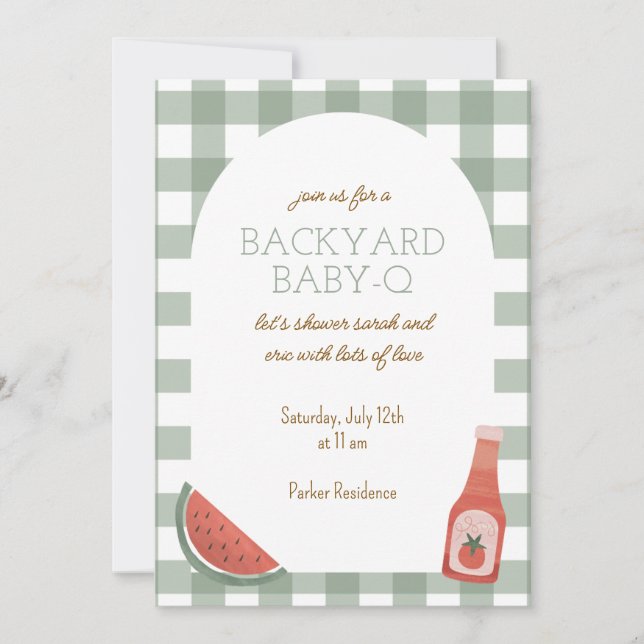 Grön Gingham Baby-Q Barnkalasinbjudan Inbjudningar (Framsida)