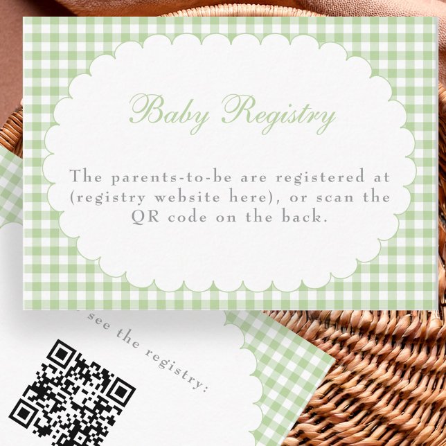 Grön Gingham Baby Shower Presentregistrerings QR-k Tilläggskort (Skapare uppladdad)